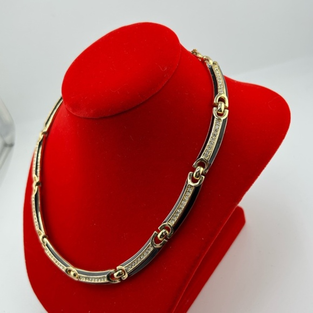 Vintage 1970s Authentic Christian Dior Black Enamel Gold Plated Necklace